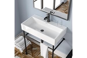 Mocoloo 30 White Console Sink 30"x17" Rectangular Bathroom Lavatory Sink with metal legs Wall Mount Single Bowl Glossy White Porcelain Pedestal Sink With Overflow Matte Black