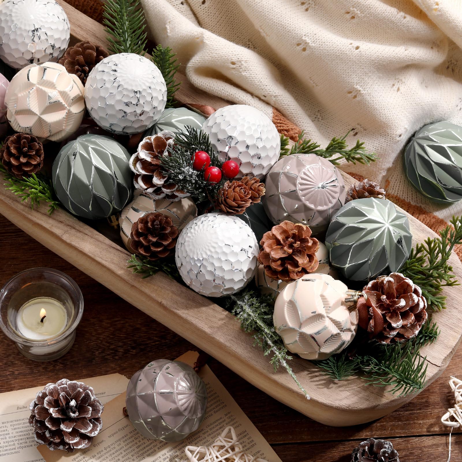 Photo 1 of Syhood 24 Pcs Neutral Textured Christmas Ball Ornaments 2.4 Inch Vintage Christmas Tree Decorations Rustic Distressed Xmas Baubles Farmhouse Holiday Ornaments for Xmas Tree Decor (Neutral)