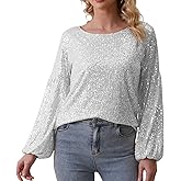 HWSFYES Sequin Tops for Women Balloon Long Sleeve Sparkly Glitter Shirts Sequin Blouse for Party Night Disco
