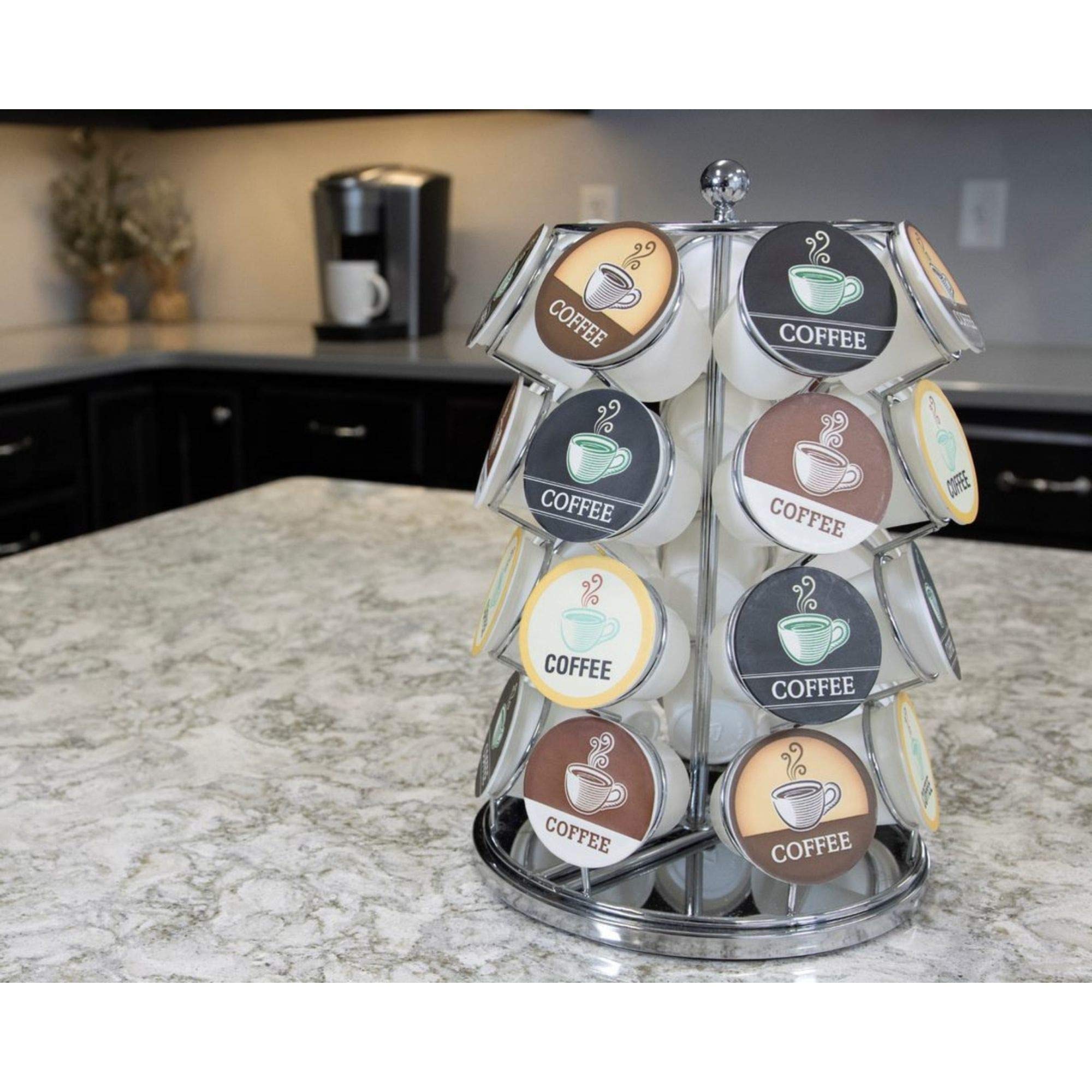 Nifty K Cup Holder – Compatible with K-Cups, Coffee Pod Carousel | 28 K Cup Holder, Spins 360-Degrees, Lazy Susan Platform, Modern Chrome Design, Home or Office Kitchen Counter Organizer