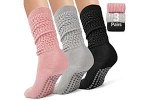 3 Pairs Grip Pilates Socks for Women, Non Slip Yoga Slouch Scrunch Socks, Long Cotton Adjustable Anti-Skid Grip Sock for Work