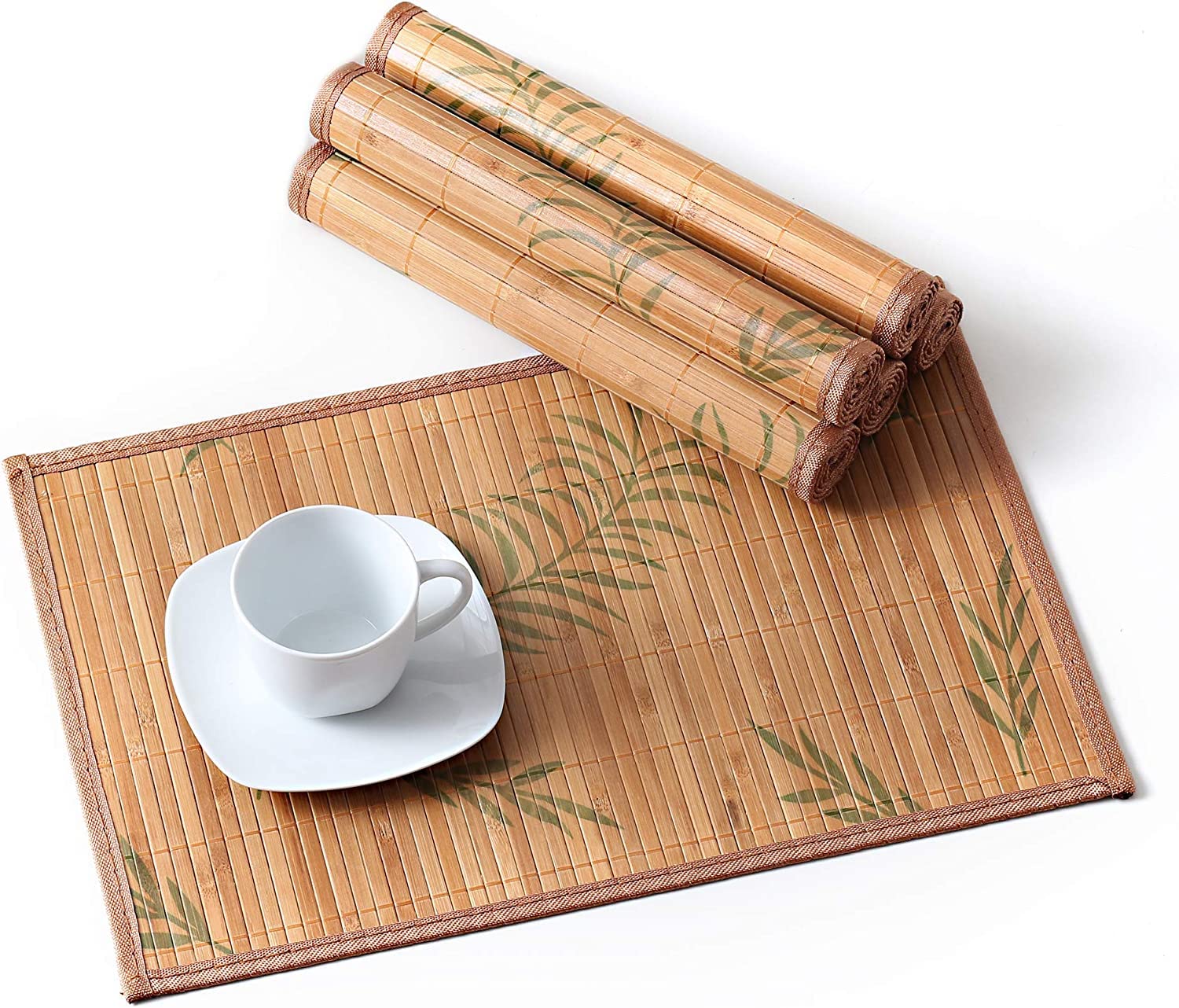 Photo 1 of LOVECASA Placemats Set of 6, Bamboo Table Mats Set with Leaf Pattern, 18'' × 12'' Woven Placemat, Washable Heat-Resistant Place Mats for Kitchen, Brown Leaf