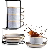 Gomakren 6 Ounce Cappuccino Cups with Saucers and Metal Stand, Stackable Coffee Cup Set of 4, Valentine Porcelain Espresso Cups for Coffee Drinks, Cappuccino, Latte, Americano, Tea, Gray