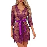 Narcisse Women's Lace Kimono Robe Mesh Nightgown Chemise Babydoll Cover Up Purple/Black/Red Robe with Belt