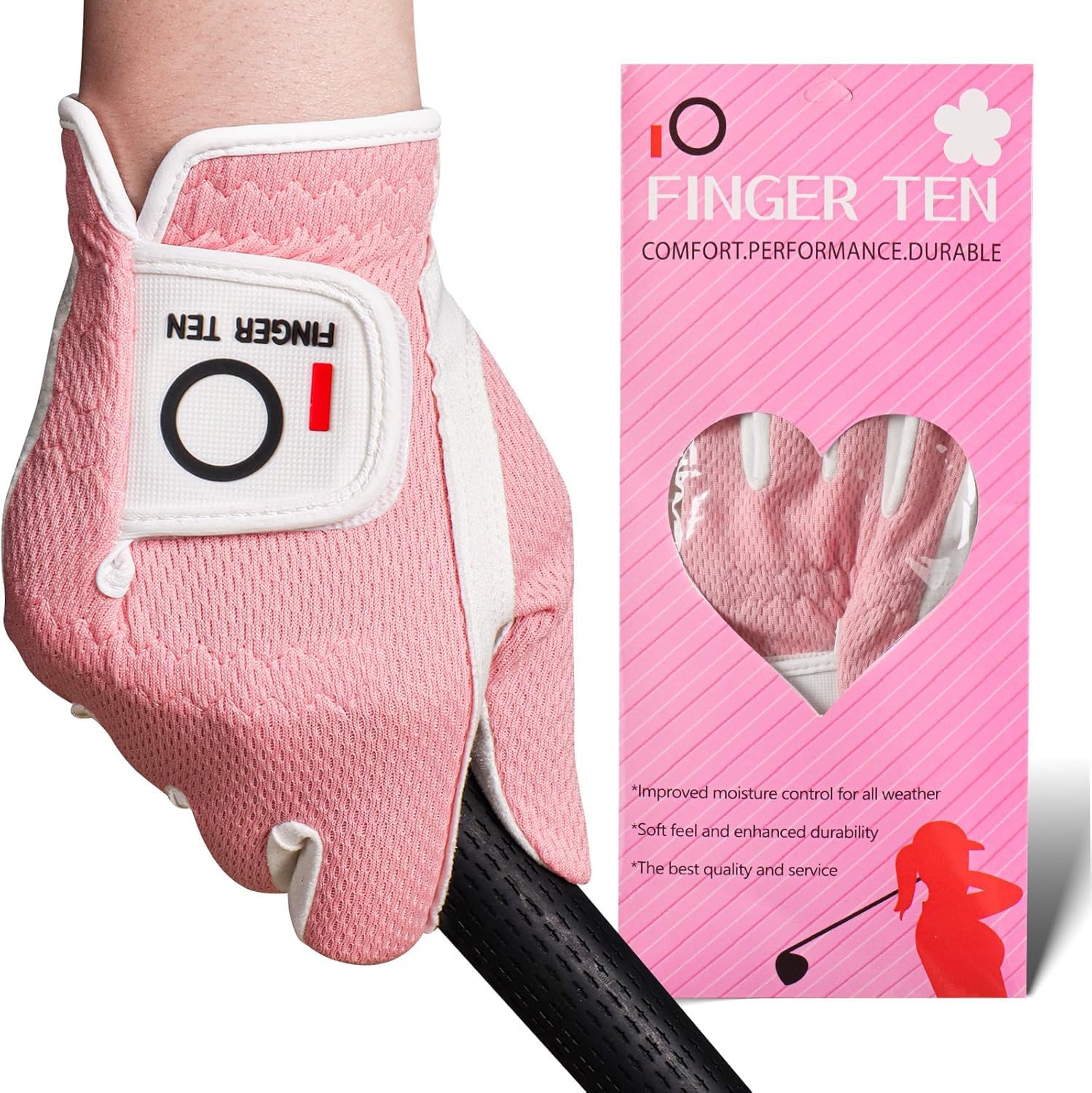 FINGER TEN Golf Gloves Women Left Hand Right Microfiber All Weather Grip Rain Hot Wet Value Pack, Ladies Golf Gloves Soft Flexible Durable Wear Resistance Good Grip (Pink, S, Right)