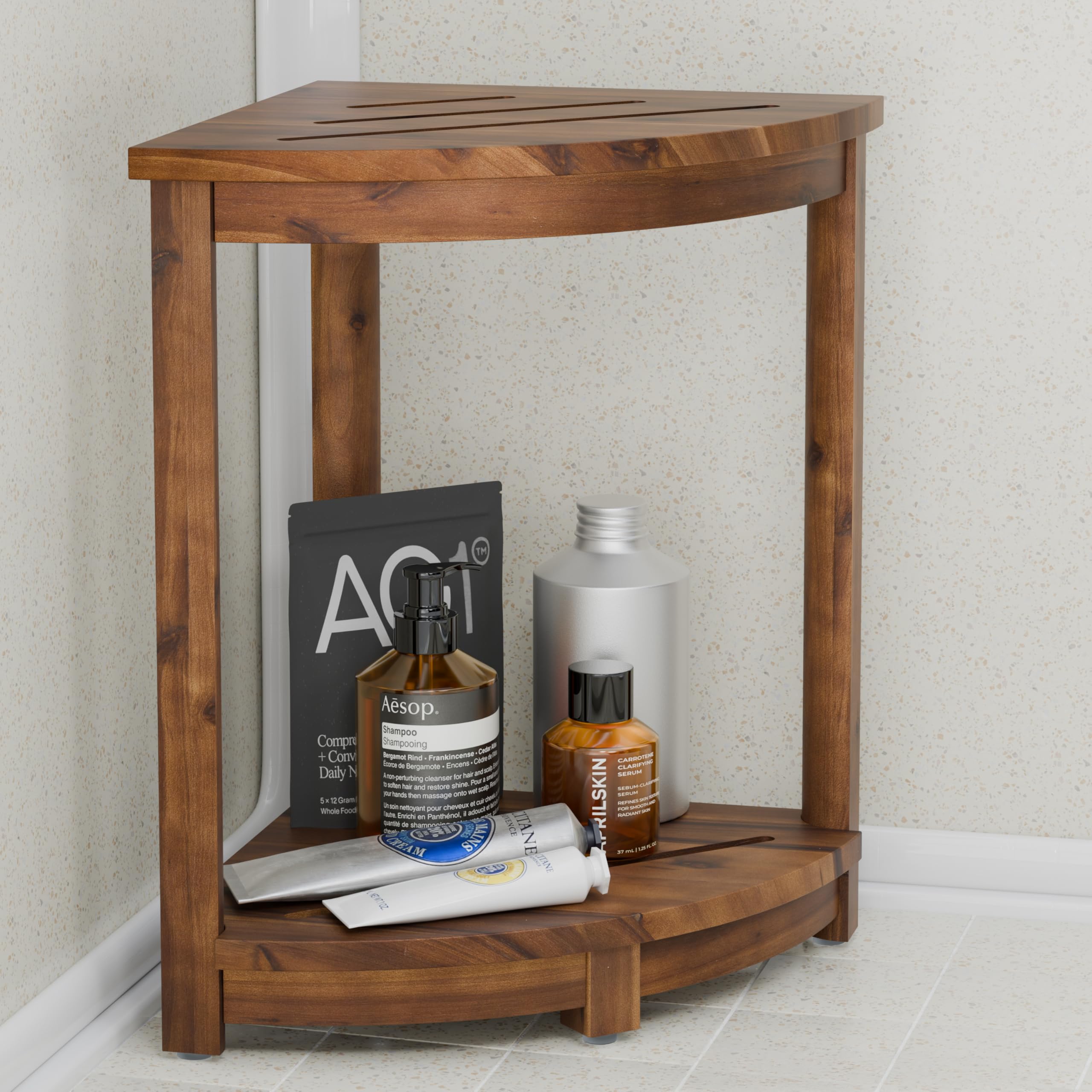Photo 1 of HOLANA 18" Acacia Wood Corner Shower Bench, Corner Shower Stool, Bath Stool with Lower Shelf - Wooden Shower Stool for Inside Shower - Shower Foot Rest, Shower Stands for Inside Shower (Walnut Color)