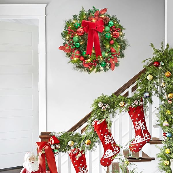 FAIRYLEE CHRISTMAS WREATH FOR FRONT DOOR, 22 INCH LARGE OUTDOOR CHRISTMAS WREATH, LIGHTED XMAS WREATH WITH RED GREEN BALL ORNAMENTS VELVET BOW AND 30 LED LIGHTS FOR FIREPLACE WINDOW HOLIDAY DECOR
