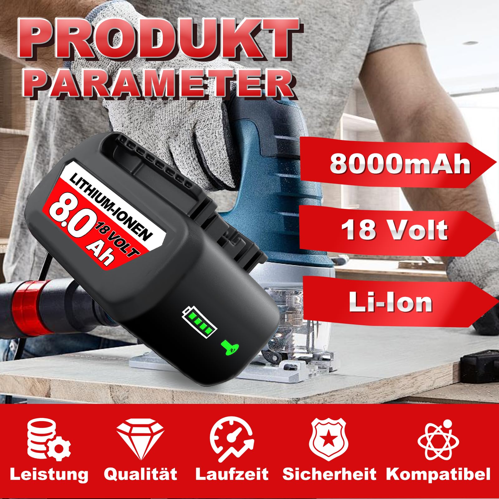 2 Stück 8000mAh 18V Lithium-Ionen Ersatzakku für Bosch Akku Kompatibel mit Bosch 18V Akku Serie BAT609 BAT609G BAT618 BAT618G BAT619 mit LED-Ladeanzeige für Bosch Professional Werkzeuge (2P) 2