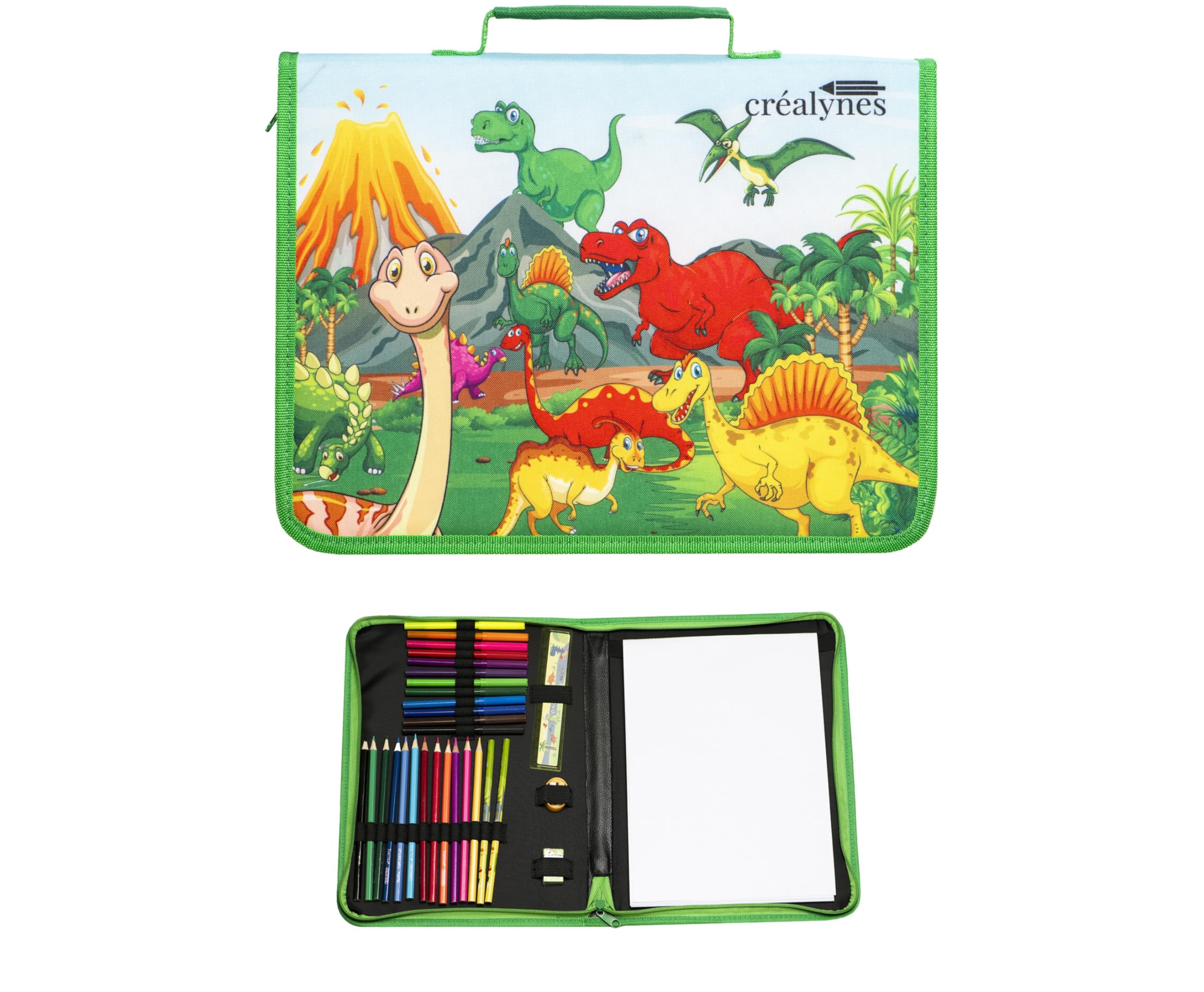 Dinosaur Drawing Pouch - Complete Drawing Case and Drawing Sets with 12 Coloured Pencils, 12 Markers, Eraser, Pencil Sharpener, Ruler, 2 Grey Pencils and Drawing Book
