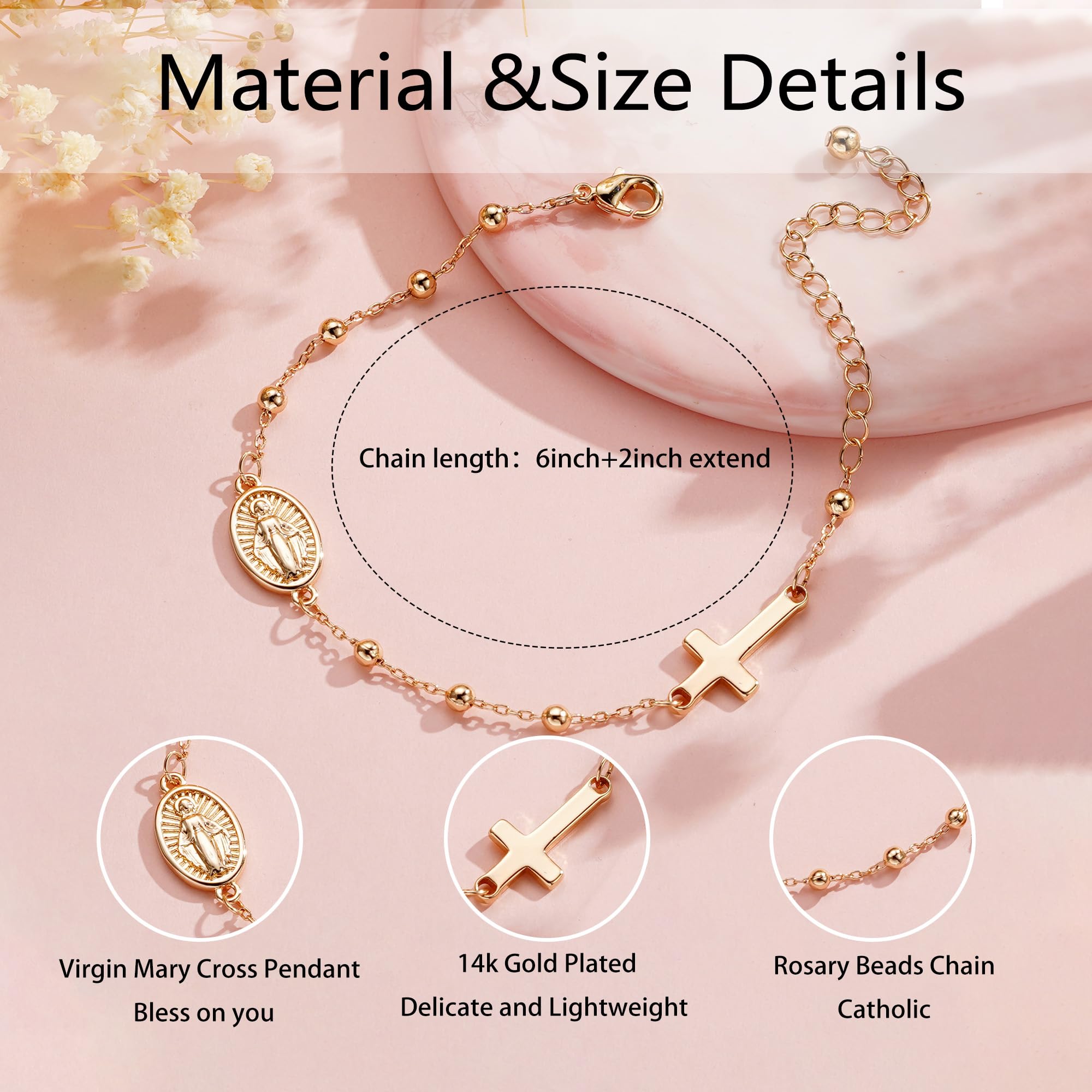 VULETO Catholic Virgin Mary Cross Bracelet Gifts for Girls Teens Women, Rosary Beads Charm Link Chain Bracelet Religious First communion Confirmation Baptism Jewelry Gifts