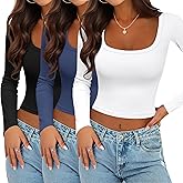 Ekouaer Womens 3 Pack Long Sleeve Crop Tops Square Neck Ribbed Slim Fitted Base Layer Basic Shirt Thermal Undershirts XS-XXL