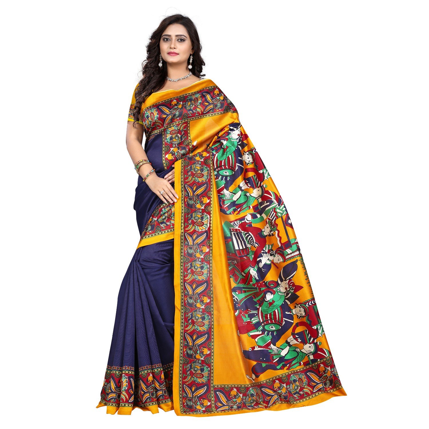 jaanvi fashion women's art silk kalamkari printed saree (blue_warli)