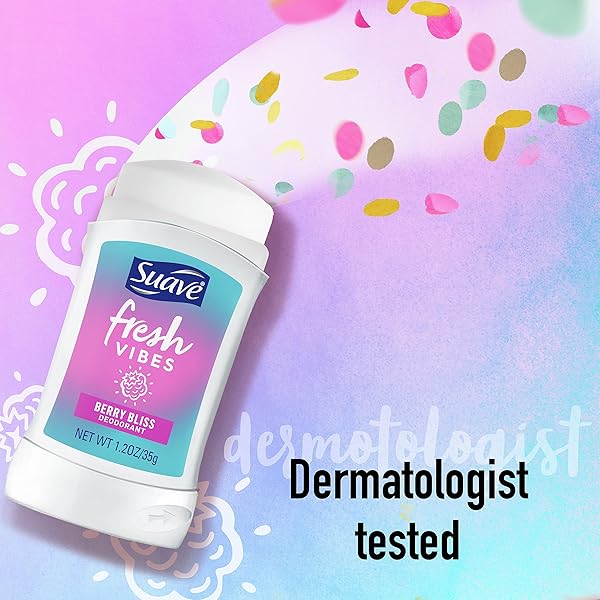SUAVE FRESH VIBES DEODORANT STICK ALUMINUM FREE 48 HOUR DEODORANT PROTECTION BERRY BLISS DERMATOLOGIST TESTED BODY DEODORANT 1.2 OZ