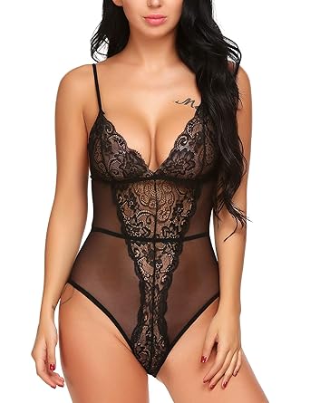 ADOME Damen Bodys Oberteil Sexy Nachtwäsche Spitzenbody Stringbody Negligee Nachtkleid Lingerie Spitze Reizwäsche Dessous Set