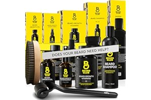 The Beard Club Advanced Beard Growth Kit - Derma Roller, Growth Oil, Vitamins and Vitamin Spray, Shampoo and Boar Bristle Brush - Gift Set - Cedar