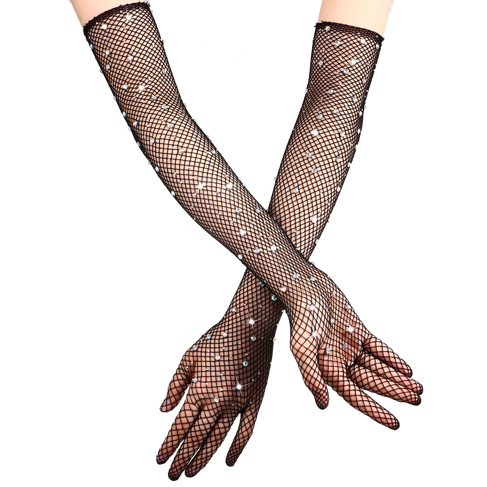 Vintage Rhinestone Fishnet Gloves - Long Black Stretchy Mesh Evening Gloves for Women's Fancy Dress, Halloween, Disco, Cosplay, Rave, Hen Night
