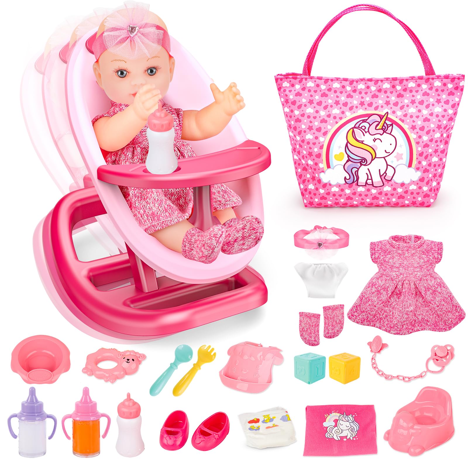 Photo 1 of deAO Baby Doll Playset Baby Doll Crib Bed Set Adjustable 2 in 1 Baby High Chair and Rocking Bed, Baby Doll Accessories with 13 Inch Dolls, Feeding Pretend Play Toy Gift for Toddler 3+ Years Old