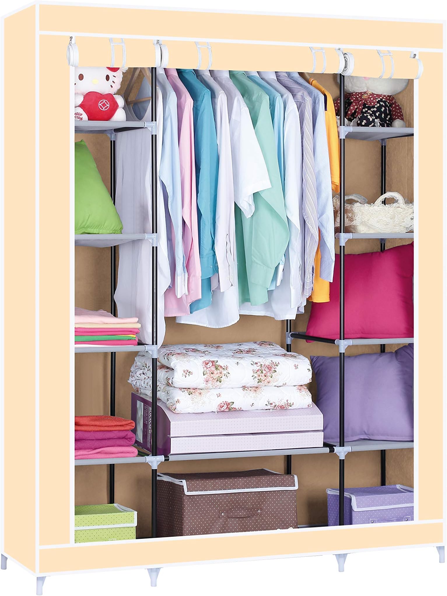 TRIPLE CANVAS WARDROBE CLOTHES RACK SHELVES HANGING RAIL STORAGE CUPBOARD-BLACK (Beige)