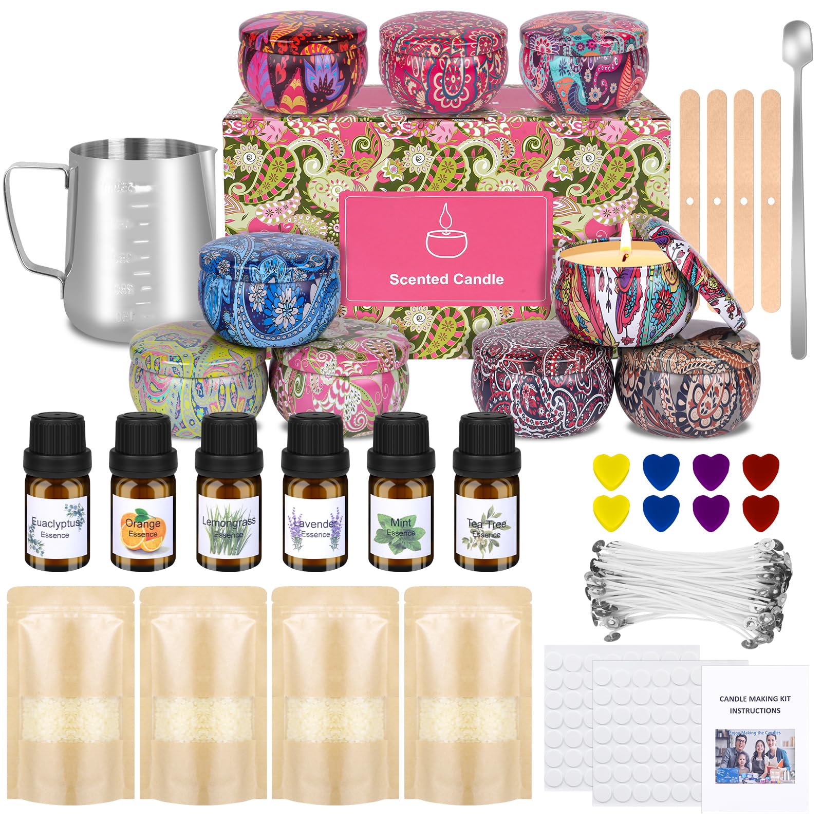 KEARLGMBH Candle Making Set, Candle Making Kit Accessories Included, Scented Candle Gifts with 480 g Beeswax, 9 Cans, 6 Essential Oil, Candle Wicks, Wick Holder, Wicks Stickers, Mixing Spoon