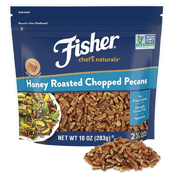 FISHER CHEF’S NATURALS HONEY ROASTED CHOPPED PECANS 10OZ RESEALABLE BAG, SALTED NUTS FOR COOKING, BAKING & SNACKING, VEGAN PROTEIN, KETO SNACK, GLUTEN FREE