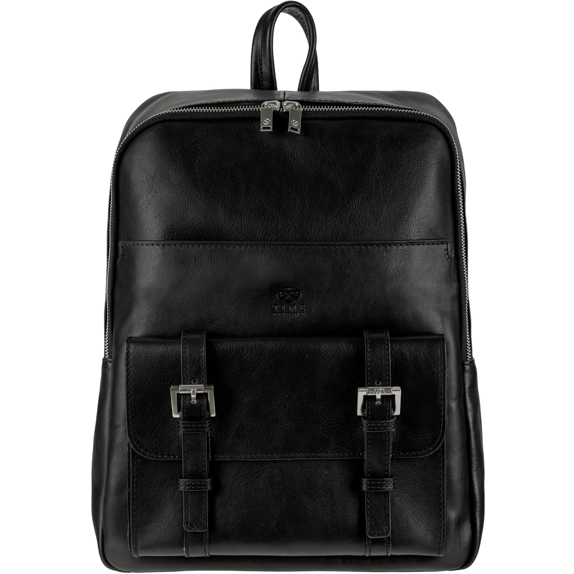 Time Resistance Black Full Grain Leather Backpack - Large Vintage Rucksack Purse for Laptop up to 15” - Spacious Business Backpack for Men and Women - Handmade Italian Leather Unisex Travel Daypack