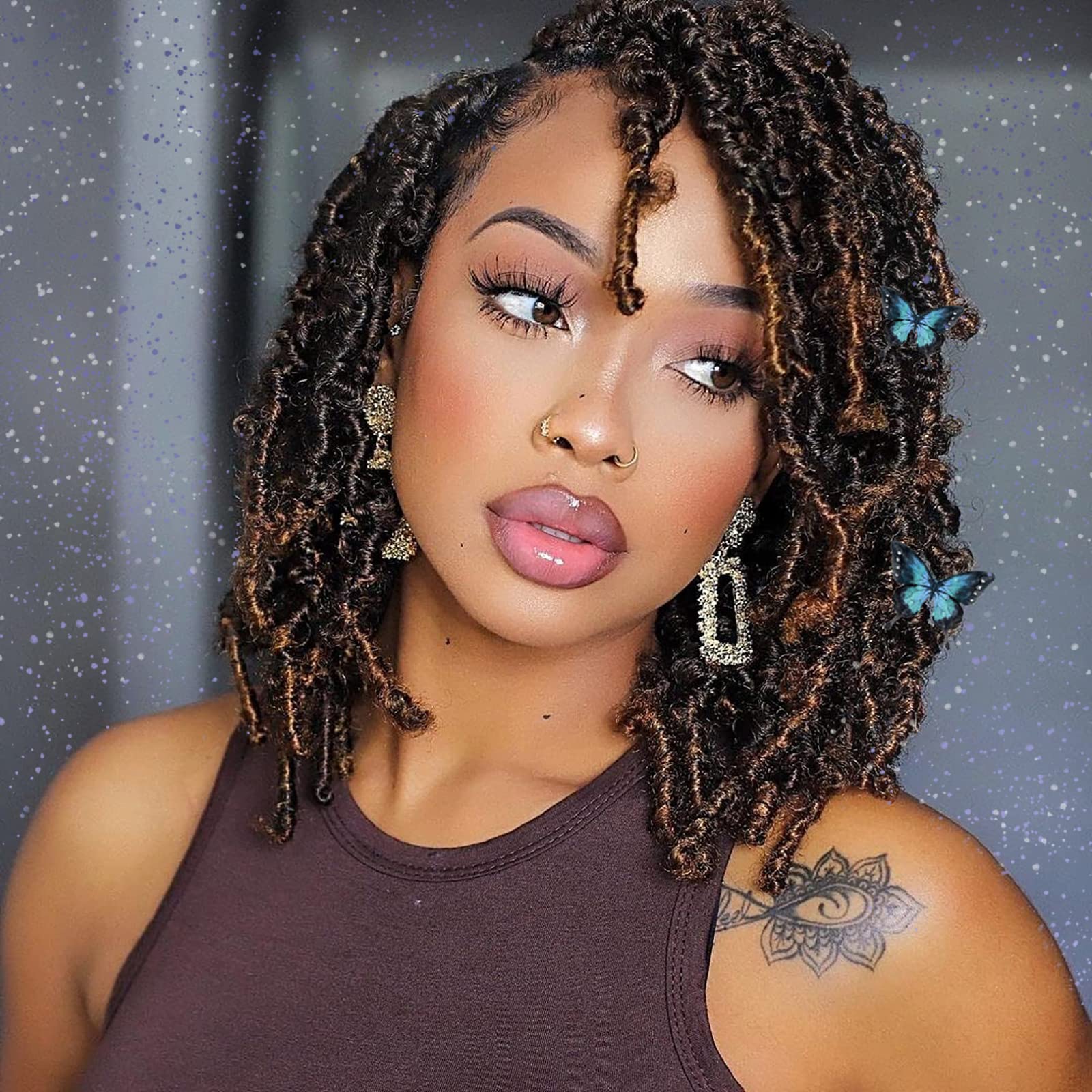 Photo 1 of Toyotress Butterfly Locs Crochet Hair - 12 inch 6 Pcs Ombre Brown Pre-twisted Distressed Crochet Braids, Short Bob Faux Locs Pre-looped Synthetic Braiding Hair Extensions (12 Inch, T30-6P)