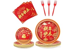 WENMTHG 100Pcs Chinese New Year Party Supplies Tableware Set Happy 2024 Dragon year Plates Spring Festival Party Plates Chinese New Year Eve Plates and Napkins Paper Plates Napkins Forks for 25 Guests