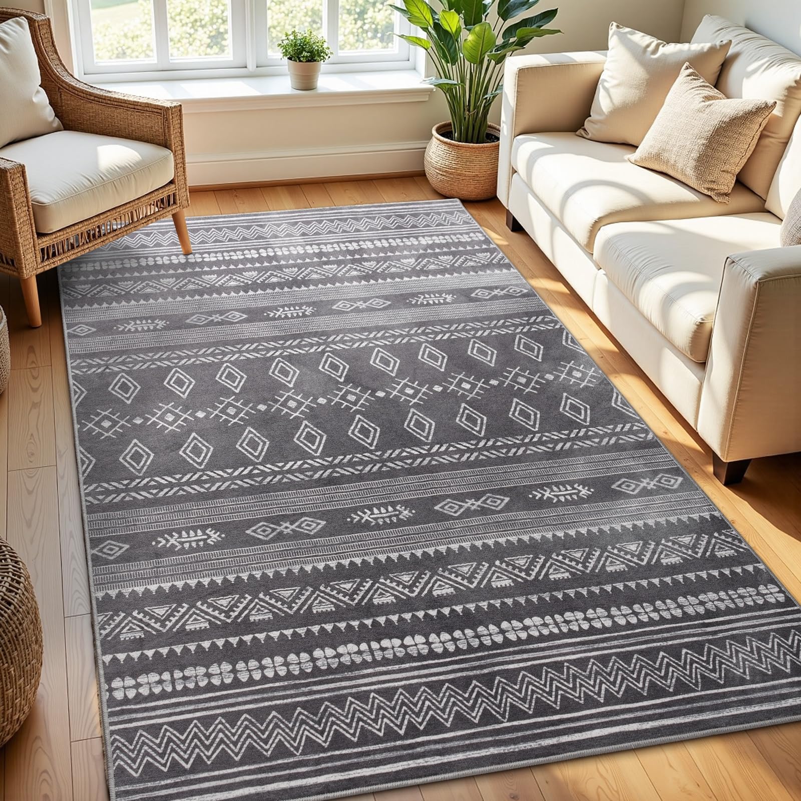 Photo 1 of Terrug Boho Area Rug for Bedroom, Dark Grey 3x5 Washable Rugs with Non Slip Backing for Living Room, Soft Geomtric Stain Resistant Moroccan Carpet for Dining Room Floor Decor