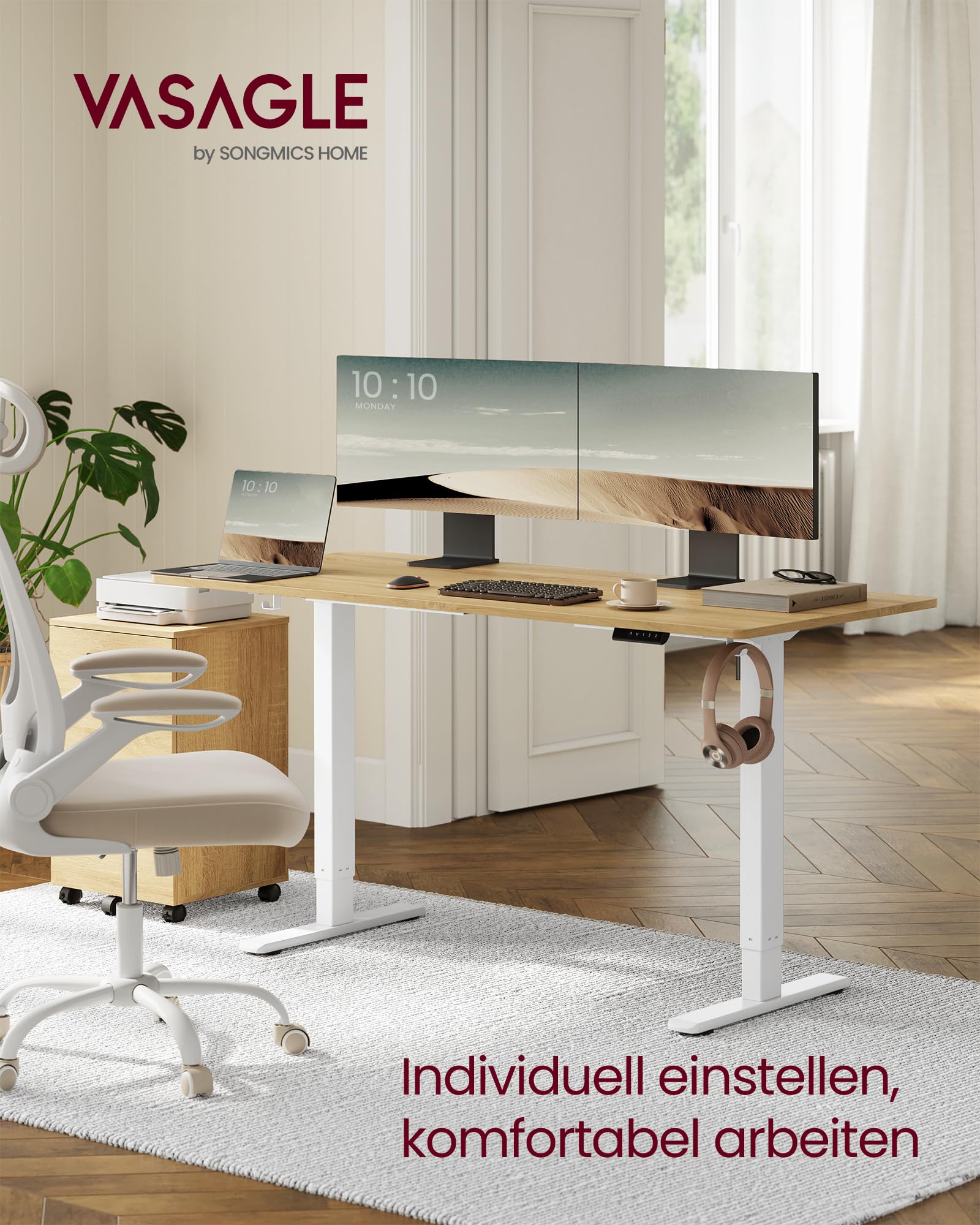 VASAGLE Höhenverstellbarer Schreibtisch elektrisch, Tischgestell, Schreibtischständer, ohne Tischplatte, mit 2 Haken, Memory-Funktion mit 3 Höhen, Stahl, mattweiß LSD021W01V2 3