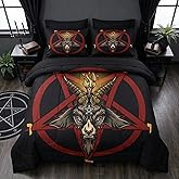 Pamnest Comforter Set Queen Size, Baphomet Red Pentagram 7 Pcs Bedding for Kids and Adults, Vintage Halloween Goat Black Bed Sheet Sets with Fitted Sheet 2 Pillowcase & 2 Sham for Bedroom Bed Decor
