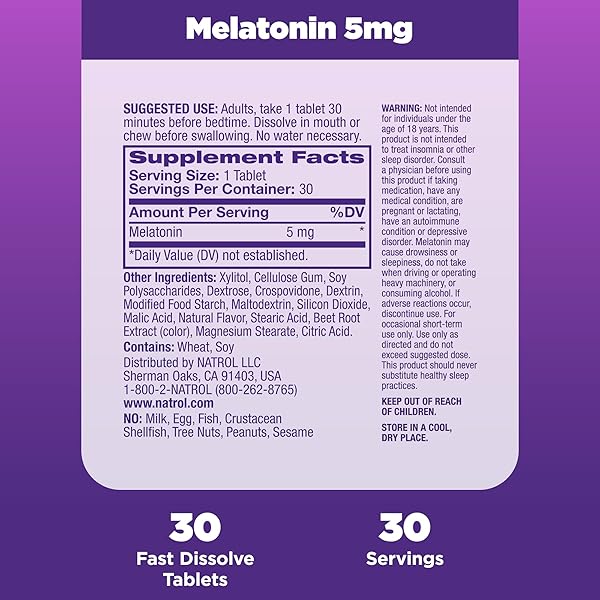 NATROL FAST DISSOLVE MELATONIN 5 MG, MELATONIN SUPPLEMENTS FOR RESTFUL SLEEP, SLEEP SUPPORT FOR ADULTS, 30 STRAWBERRY-FLAVORED TABLETS, UP TO A 30 DAY SUPPLY