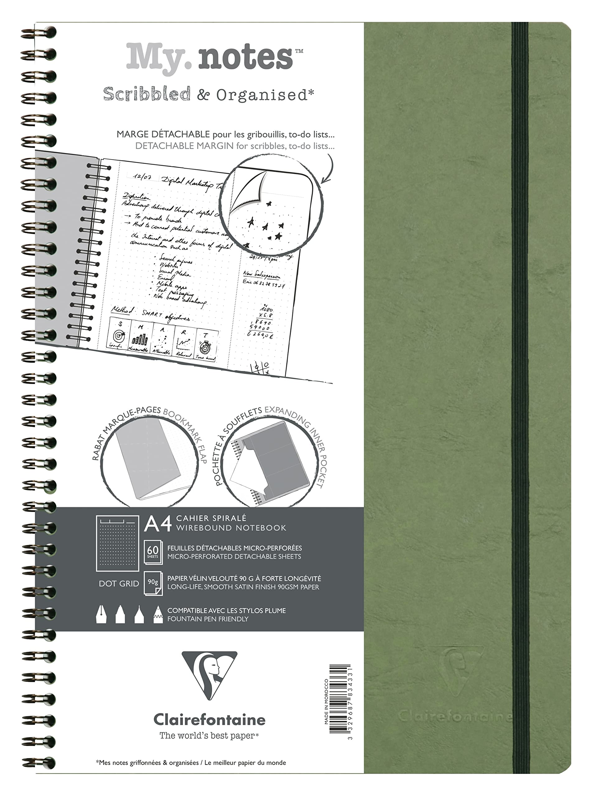 Clairefontaine 783433C Age Bag Collection MyNotes Green Spiral Notebook w/ Margins - A4 21x29.7cm - 120 Detachable Pages DOT - White Paper 90g - Cover Leather