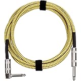 Amazon Basics 1/4 Inch Tweed Cloth Jacket Right-Angle Instrument Cable - 10 Foot (Yellow & Brown)