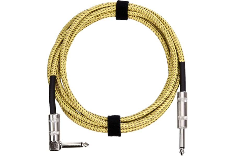 Amazon Basics TS 1/4 Inch Guitar Cable, Tweed Cloth Jacket Right-Angle Instrument Cable for Electric Guitar, Bass Guitar, Amp Cord, 10 Foot, Yellow & Brown