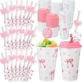 Yungyan 36 Sets Pink Bow Party Favors Goodie Cups with Lids and Straws for Birthday Coquette Party Decorations Reusable 16oz Plastic Candy Cups Plastic Straws for Christmas Decor(Pink Bow)
