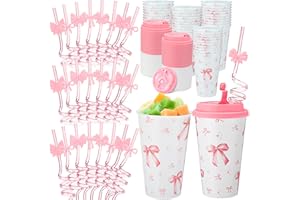 Yungyan 16 Sets Pink Bow Party Favors Goodie Cups with Lids and Straws for Birthday Coquette Party Decorations Reusable 16oz Plastic Candy Cups Plastic Straws for Christmas Decor(Pink Bow)