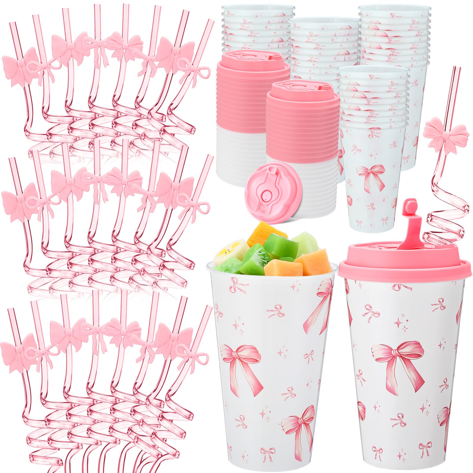 Photo 1 of Yungyan 16 Sets Pink Bow Party Favors Goodie Cups with Lids and Straws for Birthday Decorations Reusable 16oz Plastic Candy Cups Plastic Straws for Birthday Party (Pink Bow)