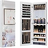 Unisakey Mirror Jewelry Cabinet,Lockable Wall or Door Mounted Jewelry Armoire Organizer With Built-up Mirror,LED Lights, Drawers,Cosmetic Trays,Shelves, 14.4"x3.15"x 43.1"（White）