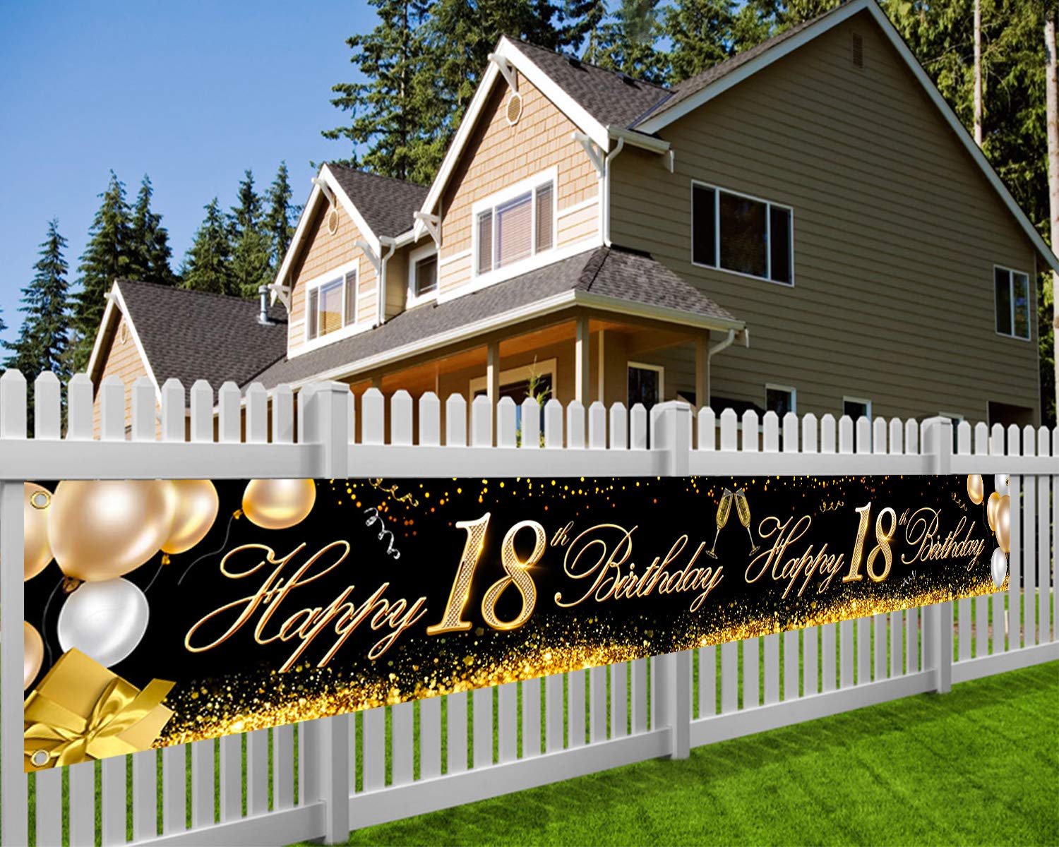 HOWAF Long Happy 18th Birthday Banner Decoration Black Gold, Banner for 18th Birthday Decoration Backdrop Garden Table Wall, Fabric, 9 * 1.2 Ft