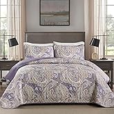 DJY Purple Quilt Set Queen Size Boho Bedspread Coverlet Set 3 Pieces, Soft Lightweight Microfiber Paisley Floral Pattern Bedding Set for All Season, 96"x90"