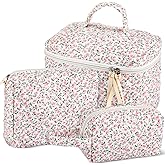 Paterr Makeup Bag Set 3 Pcs Large Quilted Cotton Make up Bags for Women Cosmetic Travel Toiletry Organizer Pouch Cute Aesthetic Storage Purse(Pink,Pink Floral)