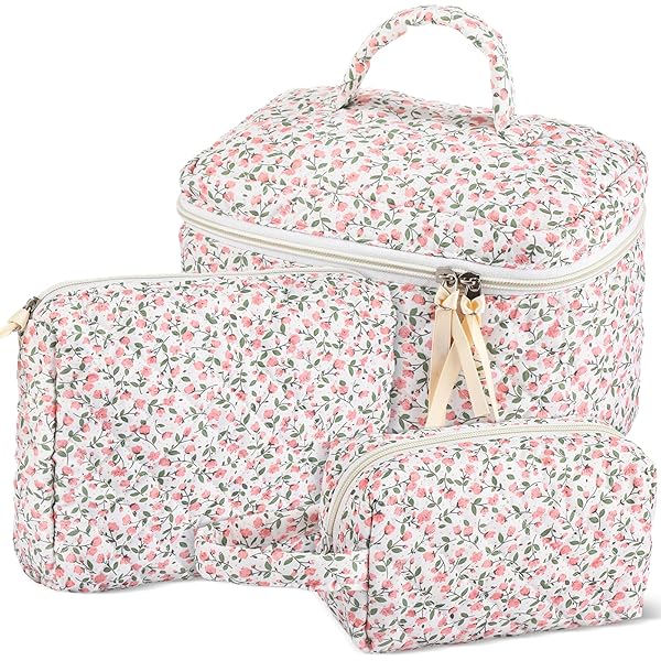 TIAASTAP Neceser De Viaje De 3 Piezas Para Mujer, Bolso De Aseo Acolchado Con Estampado De Flores, Juego De Neceser Grande Para Cosméticos, Neceser De Maquillaje Esthetic Para Niños Y Niñas, E-estilo