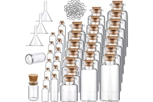Geiserailie 45 Pcs Mini Glass Bottles with Cork Stoppers Spell Jar Mini Glass Vials Potion Bottles Clear Wishing Jars with 50 Eye Screws 3 Funnels for Party Favors DIY Art Crafts Decoration, 5 Sizes