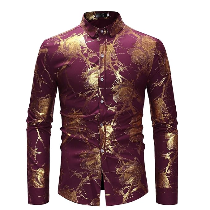 Buy iCham Men's Floral Shirts Gold Rose Slim Fit Long Sleeve Button