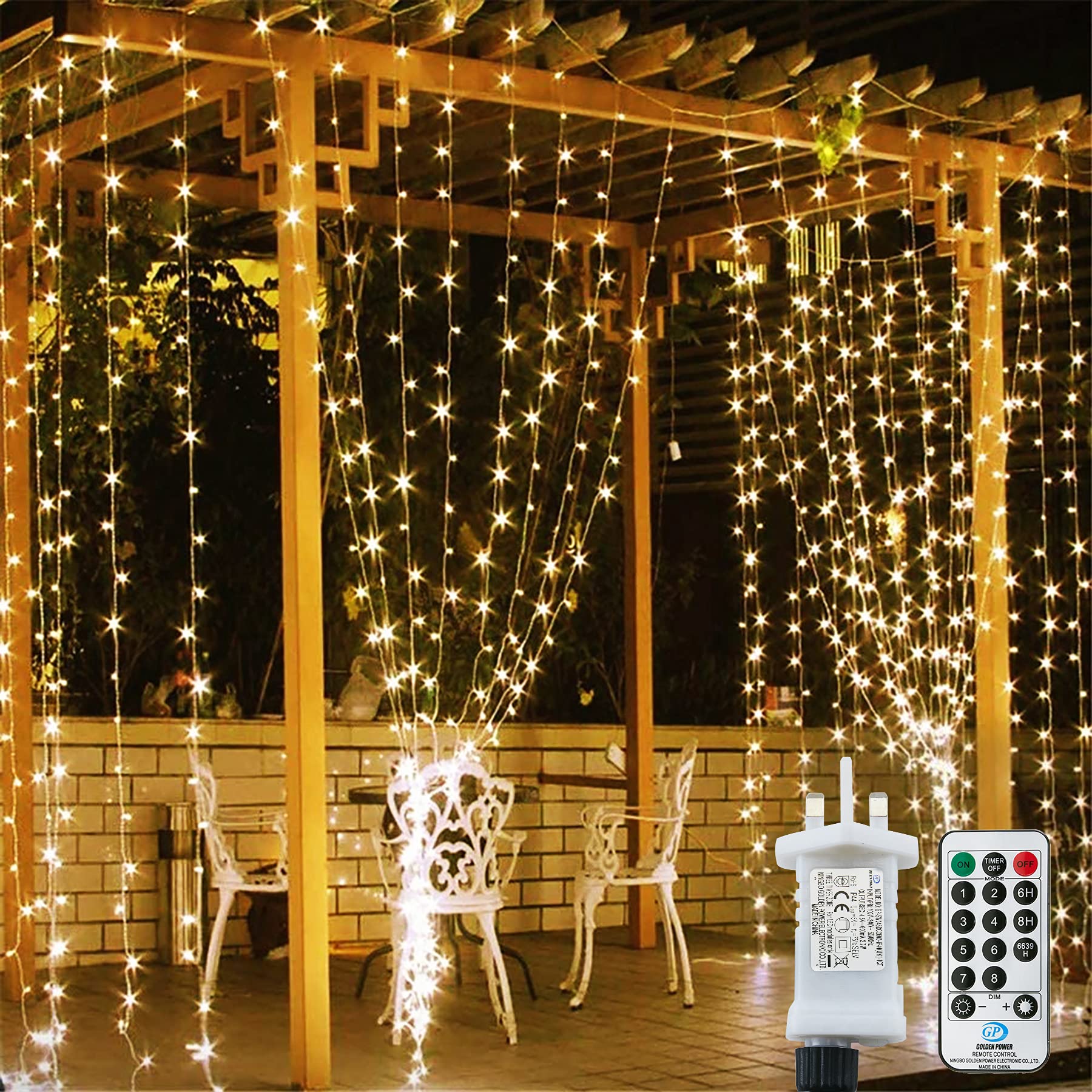 306 LED Curtain Lights Waterproof, 3m x 3m 8 Modes Warm White Window Fairy Lights with Remote Control, Indoor/Outdoor String Lights Plug in for Bedroom, Gazebo, Party, Wedding, Christmas Decorations