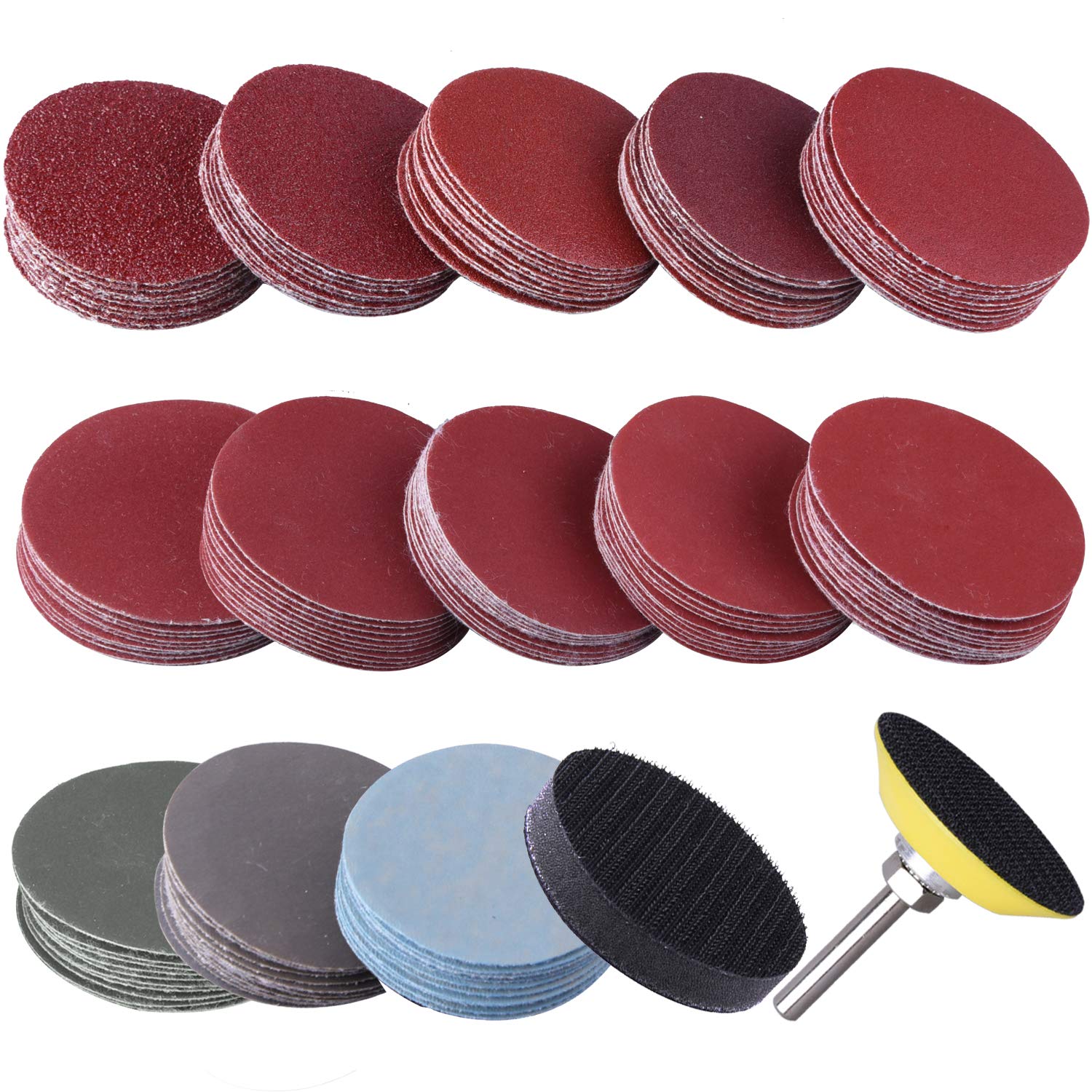 SIQUK 130pcs Sanding Discs 50mm with 1pc 1/4" Shank Backing Pad and 1pc Soft Foam Buffering Pad for Drill Grinder (10pcs Each Grit - 60 80 120 180 240 400 600 800 1000 1200 1500 2000 3000)