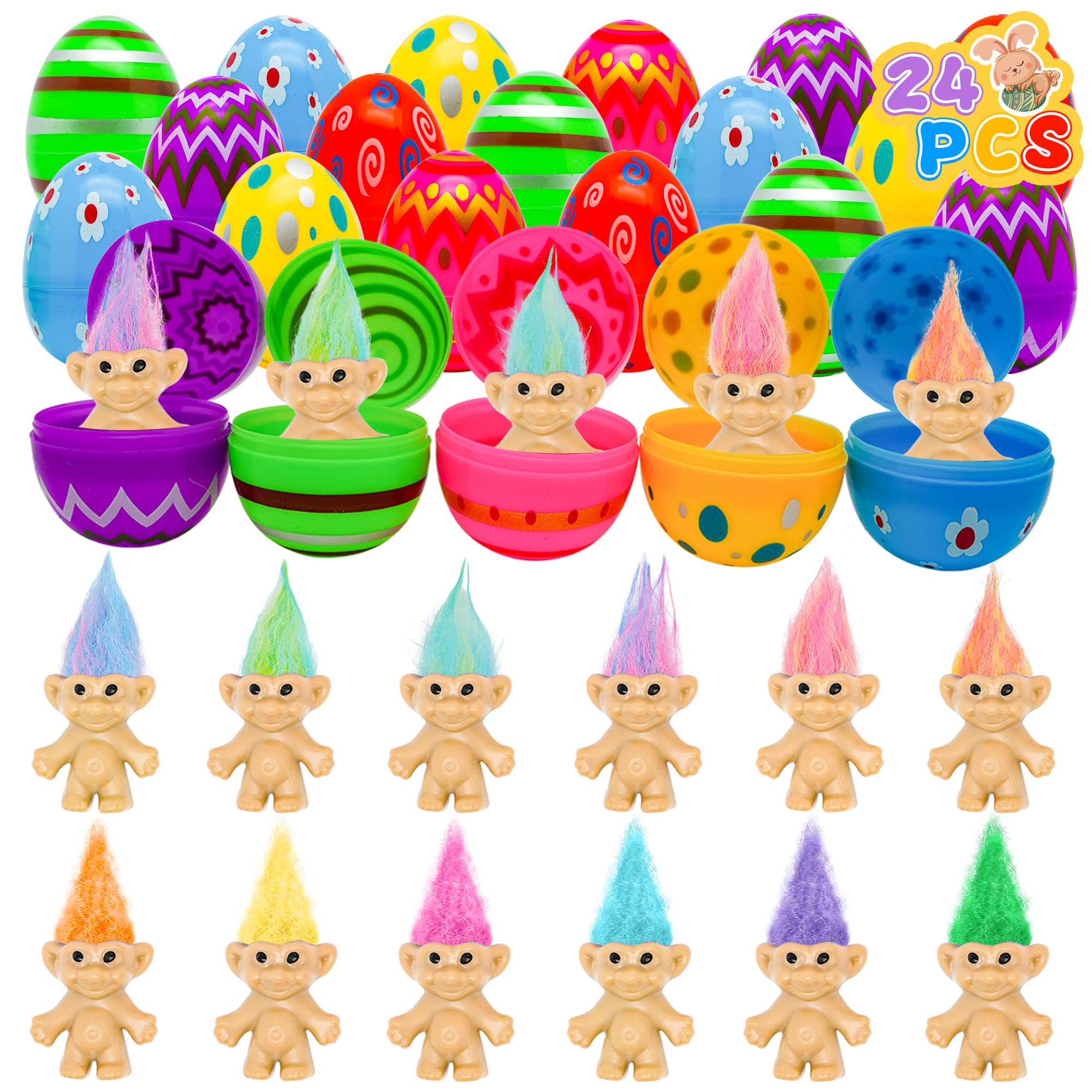 24 Pack Prefilled Easter Eggs with Toys Inside Mini Vintage Lucky Dolls Figurines Fillers Toys for Kids Easter Basket Stuffers for Boy Girl School Classroom Prizes gifts Egg Hunt Supplies Party Favors