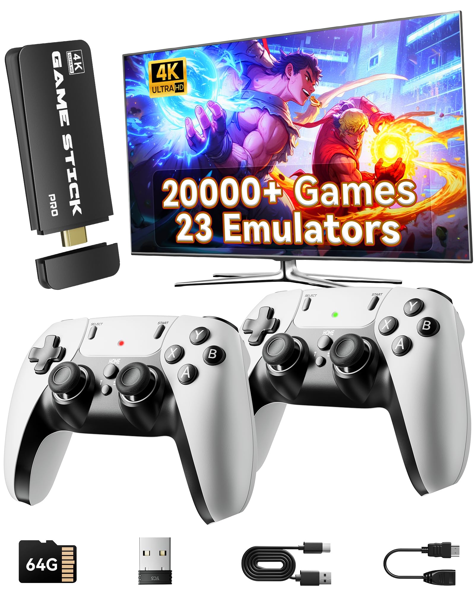 Photo 1 of Retro Gaming Console, 20,000+ Retro Game Stick, 23 Emulators, 4K HD TV Game Stick, Built-in Classic Video Games, Plug & Play Game Console for TV with 2 Wireless Controllers