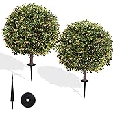 27.5" Artificial Olive Boxwood Topiary Ball Tree, Set of 2 Fake Bushes Shrubs with Ground Spike, UV Resistant Faux Evergreen Boxwood Plants for Outdoor Indoor Planters Front Porch Garden Decor