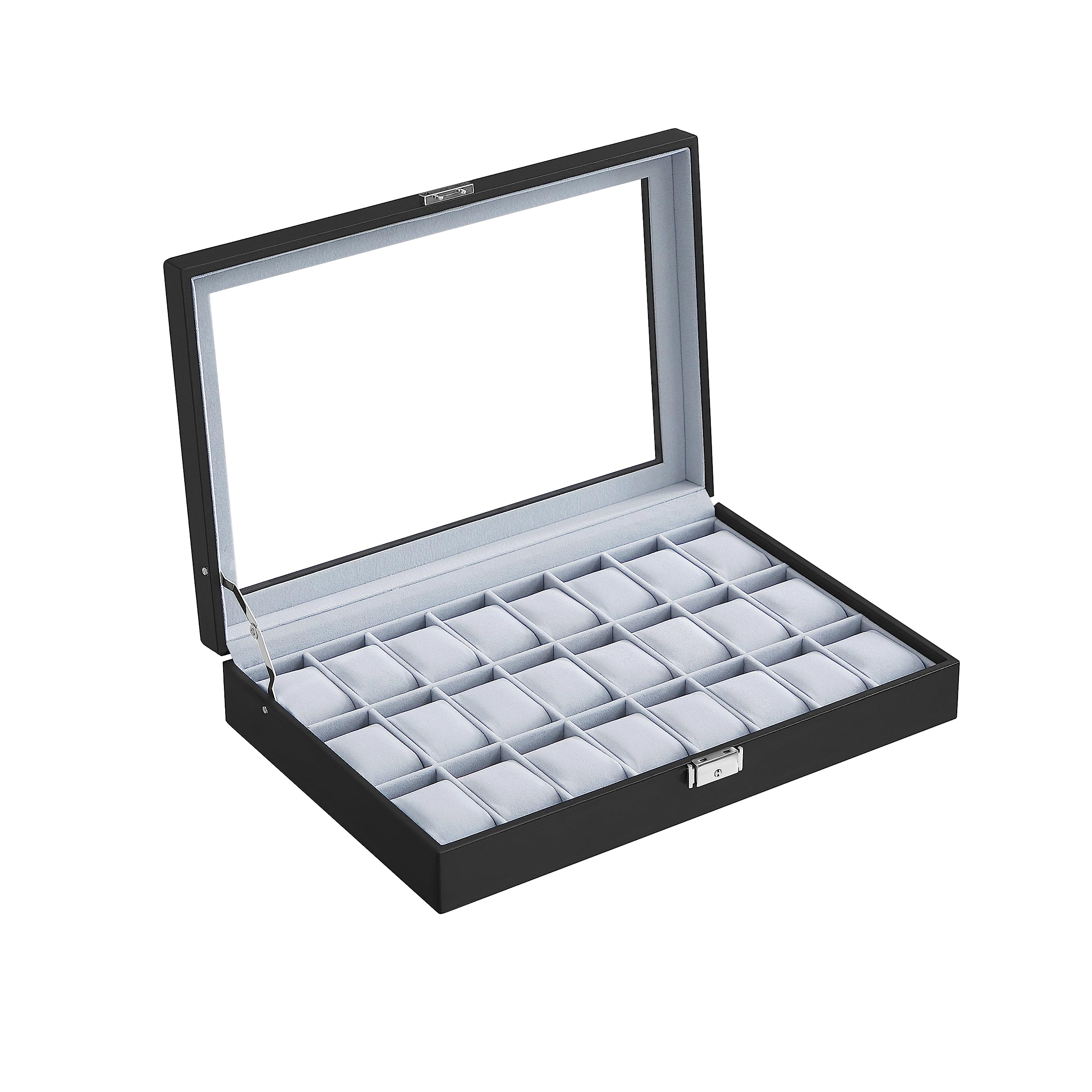 SONGMICS Watch Box, Lockable Watch Case, Watch Storage Box with 24 Slots, Glass Lid, Gift for Loved Ones, Black Synthetic Leather, Grey Lining JWB024
